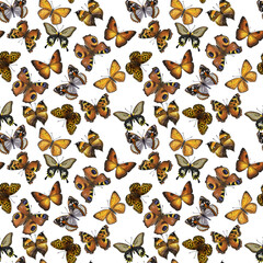 Fototapeta na wymiar Seamless endless pattern beautiful butterflies, yellow orange. Hand-drawn watercolor illustration isolated on white background. Can be used for card, poster, backdrop, fabric