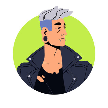 Man, rock star, face avatar. Cool modern mature person in leather jacket, earring, stylish hairstyle. Rocker, male character, head portrait. Flat vector illustration isolated on white background