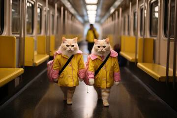 Generative Ai of two cute twin cats wear similar yellow coat carry bag walk inside social transport bus metro