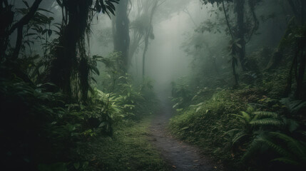 Panorama of dense jungle, wild forest with palm trees and tropical plants