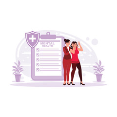 A stressed woman is comforted by a psychiatrist in a hospital mental health center. Trend modern vector flat illustration.