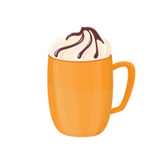 Cappuccino cup vector illustration. Hand drawn cup with aromatic coffee drink with whipped cream and chocolate topping isolated on white background. 