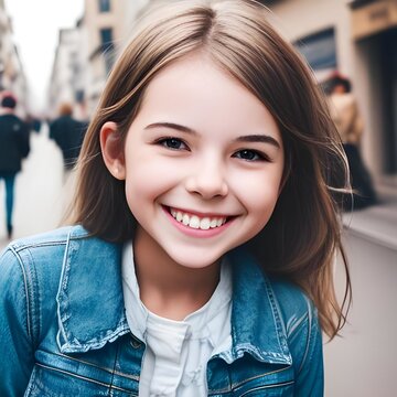 The girl is smiling on the street. AI generated
