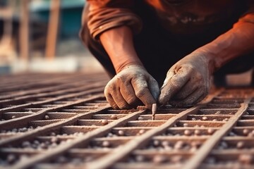 Close up of a worker's hand in a protective glove working on a construction site.  Professional construction worker. Generative AI technology.