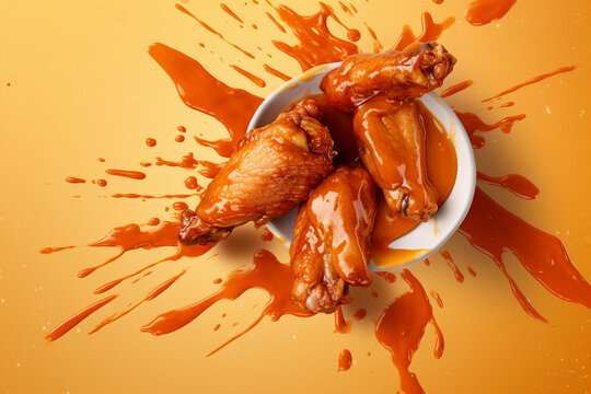 Cooking restaurant chicken wings legs splashes hot sauce modern technology template virtual visual generative ai yellow background
