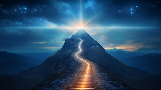 成功への道、コンセプト、山を登る光り輝く道、Generative AI