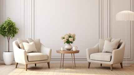 beige room interior two armchairs sofa