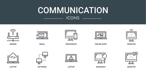 set of 10 outline web communication icons such as modem, email, responsive, online shop, monitor, laptop, network vector icons for report, presentation, diagram, web design, mobile app