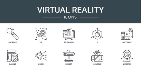 set of 10 outline web virtual reality icons such as joystick, vr, television, d, software, gaming, vision vector icons for report, presentation, diagram, web design, mobile app