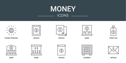 set of 10 outline web money icons such as pound sterling, invoice, invoice, bank, price tag, bank, bank vector icons for report, presentation, diagram, web design, mobile app