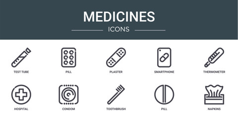 set of 10 outline web medicines icons such as test tube, pill, plaster, smartphone, thermometer, hospital, condom vector icons for report, presentation, diagram, web design, mobile app