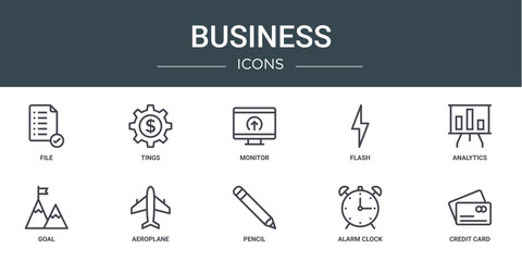 set of 10 outline web business icons such as file, tings, monitor, flash, analytics, goal, aeroplane vector icons for report, presentation, diagram, web design, mobile app