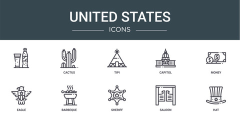 set of 10 outline web united states icons such as , cactus, tipi, capitol, money, eagle, barbeque vector icons for report, presentation, diagram, web design, mobile app