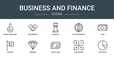 set of 10 outline web business and finance icons such as market research, partnership, strategy, cryptocurrency, cash, mission, premium vector icons for report, presentation, diagram, web design,