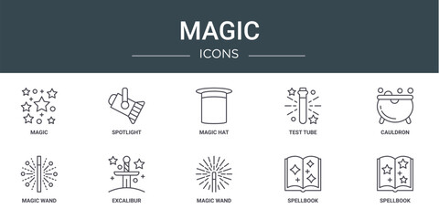 set of 10 outline web magic icons such as magic, spotlight, magic hat, test tube, cauldron, wand, excalibur vector icons for report, presentation, diagram, web design, mobile app