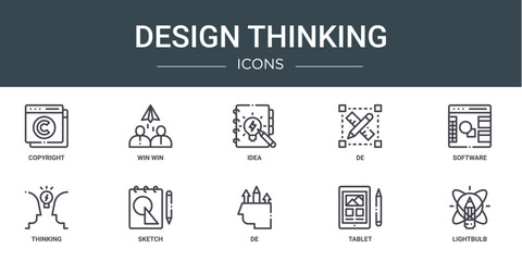 set of 10 outline web design thinking icons such as copyright, win win, idea, de, software, thinking, sketch vector icons for report, presentation, diagram, web design, mobile app