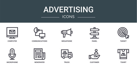 set of 10 outline web advertising icons such as computer, communications, megaphone, panel, target, microphone, newspaper vector icons for report, presentation, diagram, web design, mobile app
