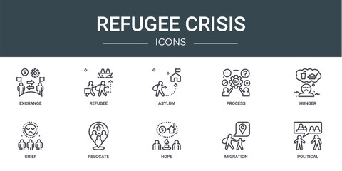 set of 10 outline web refugee crisis icons such as exchange, refugee, asylum, process, hunger, grief, relocate vector icons for report, presentation, diagram, web design, mobile app