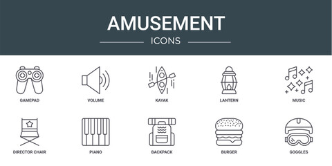 set of 10 outline web amusement icons such as gamepad, volume, kayak, lantern, music, director chair, piano vector icons for report, presentation, diagram, web design, mobile app