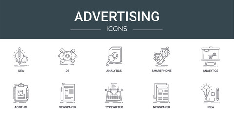 set of 10 outline web advertising icons such as idea, de, analytics, smartphone, analytics, aorithm, newspaper vector icons for report, presentation, diagram, web design, mobile app