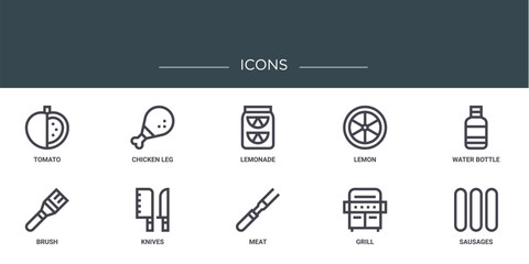 set of 10 outline web icons such as tomato, chicken leg, lemonade, lemon, water bottle, brush, knives vector icons for report, presentation, diagram, web design, mobile app