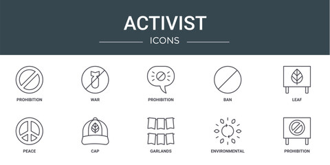 set of 10 outline web activist icons such as prohibition, war, prohibition, ban, leaf, peace, cap vector icons for report, presentation, diagram, web design, mobile app