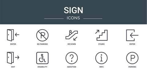 set of 10 outline web sign icons such as enter, no parking, or down, stairs, enter, exit, disability vector icons for report, presentation, diagram, web design, mobile app