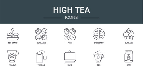 set of 10 outline web high tea icons such as tea stand, cupcakes, pies, croissant, cupcake, teacup, tea bag vector icons for report, presentation, diagram, web design, mobile app