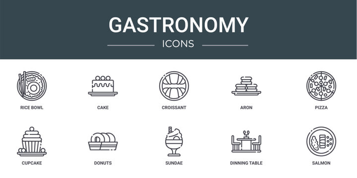 set of 10 outline web gastronomy icons such as rice bowl, cake, croissant, aron, pizza, cupcake, donuts vector icons for report, presentation, diagram, web design, mobile app
