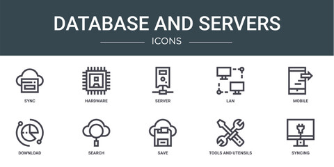 set of 10 outline web database and servers icons such as sync, hardware, server, lan, mobile, download, search vector icons for report, presentation, diagram, web design, mobile app