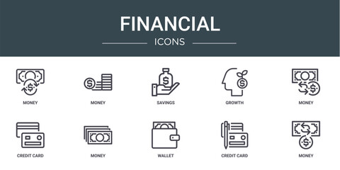 Fototapeta na wymiar set of 10 outline web financial icons such as money, money, savings, growth, money, credit card, vector icons for report, presentation, diagram, web design, mobile app