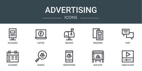 set of 10 outline web advertising icons such as billboard, laptop, mailbox, brochure, chat, calendar, search vector icons for report, presentation, diagram, web design, mobile app