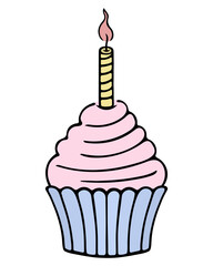 Festive cake in a blue mold. Birthday dessert with pink cream. Twisted candle cake decoration. Color vector illustration. Burning candle flame. Cartoon style. Isolated background. 