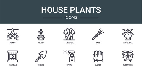 set of 10 outline web house plants icons such as plant, plant, harebell, rake, aloe vera, seed bag, shovel vector icons for report, presentation, diagram, web design, mobile app