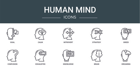 set of 10 outline web human mind icons such as goal, calm, introvert, strategy, greed, confusion, exhausted vector icons for report, presentation, diagram, web design, mobile app - obrazy, fototapety, plakaty