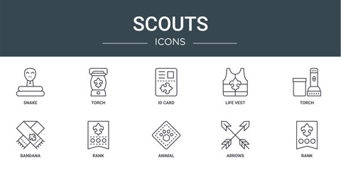 set of 10 outline web scouts icons such as snake, torch, id card, life vest, torch, bandana, rank vector icons for report, presentation, diagram, web design, mobile app