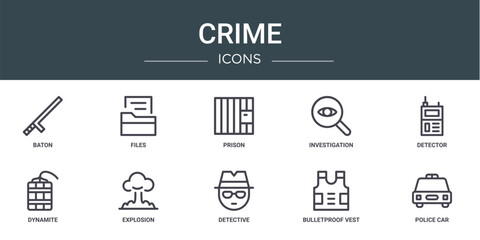 set of 10 outline web crime icons such as baton, files, prison, investigation, detector, dynamite, explosion vector icons for report, presentation, diagram, web design, mobile app © MacroOne