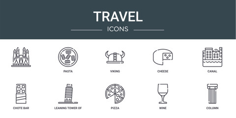 set of 10 outline web travel icons such as , pasta, viking, cheese, canal, chote bar, leaning tower of pisa vector icons for report, presentation, diagram, web design, mobile app