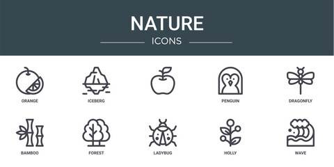 set of 10 outline web nature icons such as orange, iceberg, , penguin, dragonfly, bamboo, forest vector icons for report, presentation, diagram, web design, mobile app