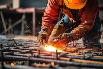 Close up of a worker's hand in a protective glove working on a construction site.  Professional construction worker. Generative AI technology.