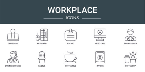 set of 10 outline web workplace icons such as clipboard, keyboard, id card, video call, businessman, businesswoman, cactus vector icons for report, presentation, diagram, web design, mobile app