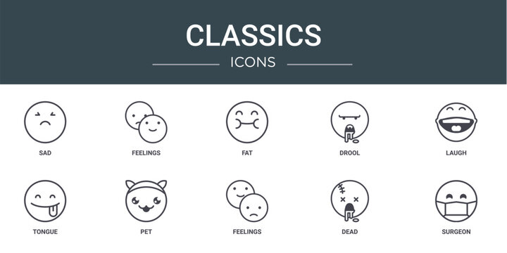 set of 10 outline web classics icons such as sad, feelings, fat, drool, laugh, tongue, pet vector icons for report, presentation, diagram, web design, mobile app