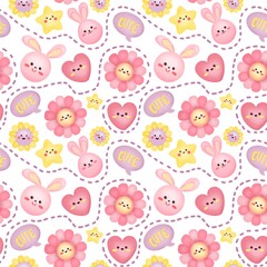 Nursery art print. Seamless pattern with bunny, Sun, hearts, bubbles. Children’s illustration