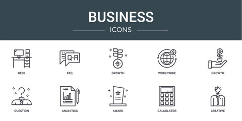 set of 10 outline web business icons such as desk, faq, growth, worldwide, growth, question, analytics vector icons for report, presentation, diagram, web design, mobile app