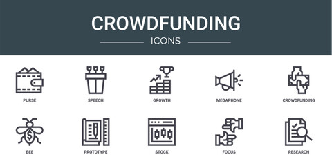 set of 10 outline web crowdfunding icons such as purse, speech, growth, megaphone, crowdfunding, bee, prototype vector icons for report, presentation, diagram, web design, mobile app