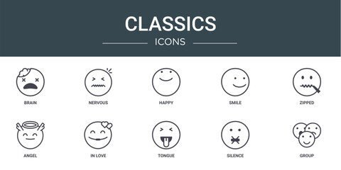 set of 10 outline web classics icons such as brain, nervous, happy, smile, zipped, angel, in love vector icons for report, presentation, diagram, web design, mobile app