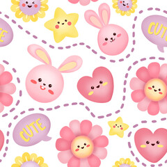 Obraz na płótnie Canvas Nursery art print. Seamless pattern with bunny, Sun, hearts, bubbles. Children’s illustration