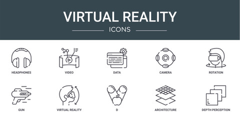set of 10 outline web virtual reality icons such as headphones, video, data, camera, rotation, gun, virtual reality vector icons for report, presentation, diagram, web design, mobile app