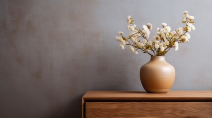 flowers brown vase on wooden nightstand