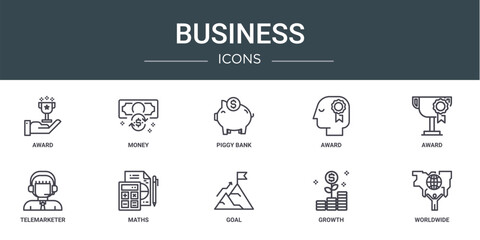 set of 10 outline web business icons such as award, money, piggy bank, award, award, telemarketer, maths vector icons for report, presentation, diagram, web design, mobile app
